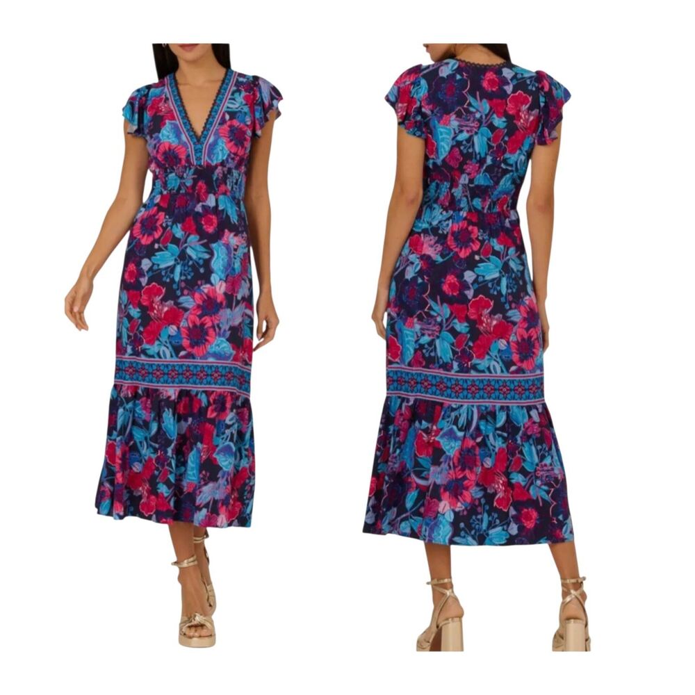 Adrianna Papell Boho Floral‎ Multi Midi Dress Sz14 Smocked Waist Flutter Sleeve